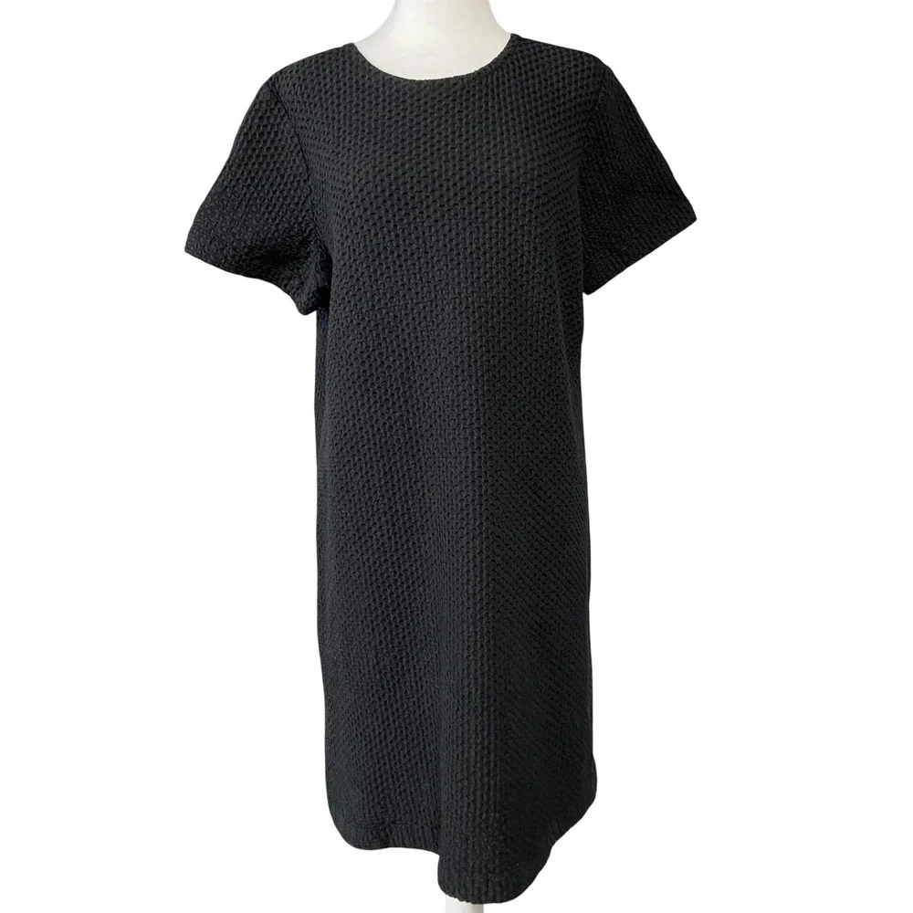 Eileen Fisher Dress Womens L Black Textured Knit Shift Zip Back Short Sleeve